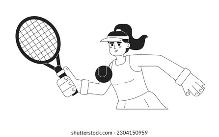 Young hispanic woman playing tennis monochromatic flat vector character. Professional tennis tournament. Editable thin line half body person on white. Simple bw cartoon spot image for graphic design