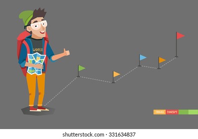 Young Hitchhiker Traveling With Big Bag And Map, Way With Flags On Background. Hitchhiking Tourism Concept. Good For Web, Mobile Apps, Infographics. Vector Illustration In Flat Style. 