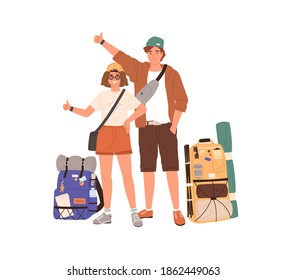Young hitchhikers with backpacks standing and hitchhiking. Happy couple traveling by hitching. Tourists in summer casual clothes waiting for car. Flat vector illustration isolated on white background