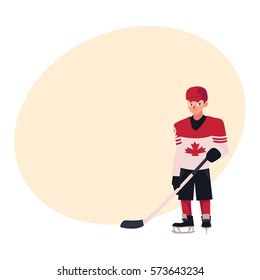 Young hockey player in Canadian uniform with maple leaf standing and holding a stick, cartoon vector illustration with place for text. Full length portrait of Canadian hockey player