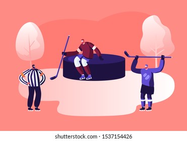 Young Hockey Player Characters in Team Uniform Holding Sticks Standing at Huge Puck, Referee Judging Game. Sportsmen at Competition League Tournament. Sport Life Cartoon Flat Vector Illustration