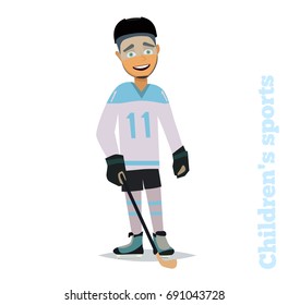 A young hockey player. Children's sports. Vector illustration in flat style.