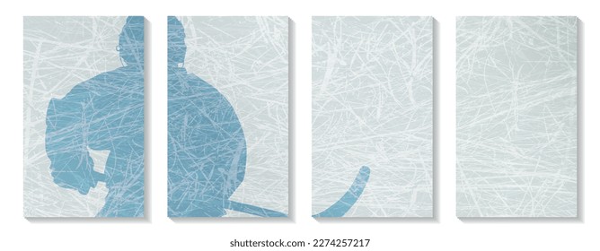 Young hockey player in motion against blue ice. Trendy set of minimalistic hockey covers. Minimal sports wall art.