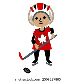 Young hockey player with a stick and a puck. Bright vector illustration isolated