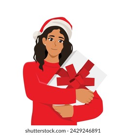 Young hold christmas gift wearing Santa hat. Flat vector illustration isolated on white background