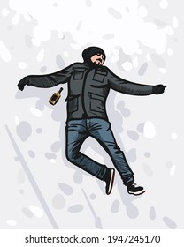 A Young Homeless Bearded And Mustachioed Drunk Man In A Winter Coat, Hat And Gloves Lies In The Snow Next To A Bottle Of Whiskey. Vector Illustration, Top View.Alcoholism And Addiction Concept. EPS 10