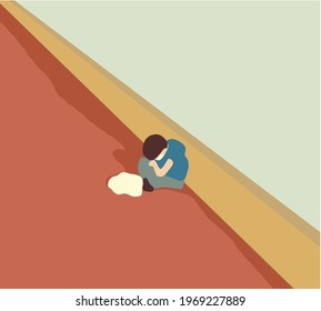 Young homeless boy sleeping alone near old wall vintage tone. Help concept for poverty or hunger people, Human Rights, background text.