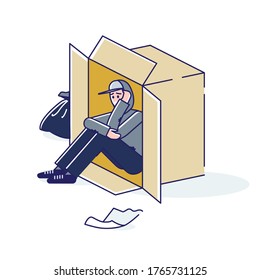 Young homeless man living on street in cardboard box. Cartoon character need help. Male poor tramp, homelessness and unemployment concept. Line art vector illustration
