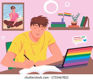 Young homosexual boy studying at home using laptop in rainbow colors. Teenager writing in notebook and LGBT flag colored laptop with love chat message. Vector illustration. LGBT pride concept.