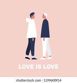 Jóvenes personajes homosexuales parados uno frente al otro. El amor es amor. Relaciones románticas. Homosexualidad. LGBT