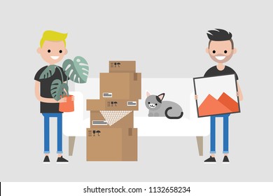 Young homosexual couple moving to a new apartment. Relocation. Mortgage. Flat editable vector illustration, clip art