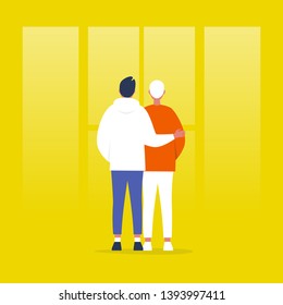 Young homosexual couple standing in front of the window. Relationships. Hugging partners. Love. Flat editable vector illustration, clip art