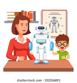 Young honors course student learning robotics with teacher and humanoid bipedal robot in classroom.  Flat style vector illustration isolated on white background.