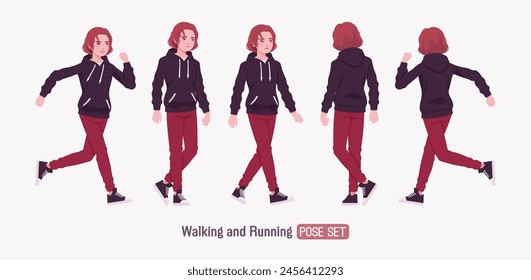 Young hoodie wear guy run, walking pose set. Cute active man wearing basic casual look red jeans, male street style everyday sneakers, cool long hairstyle of ruby wine dye color. Vector illustration