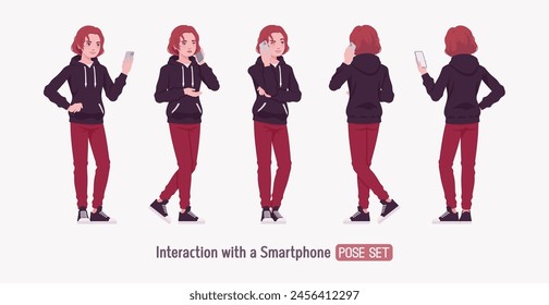 Young hoodie wear guy smartphone user pose set. Cute active man wearing basic casual look red jeans, male street style everyday sneakers, cool long hairstyle, ruby wine dye color. Vector illustration