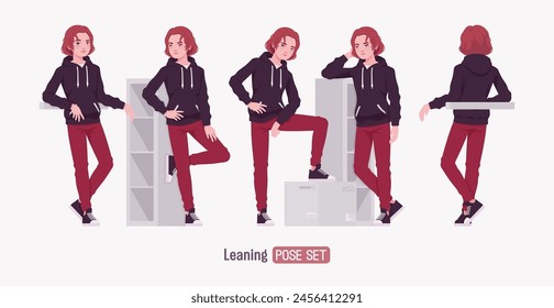 Young hoodie wear guy stand leaning pose set. Cute active man wearing basic casual look red jeans, male street style everyday sneakers, cool long hairstyle of ruby wine dye color. Vector illustration