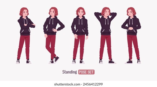 Young hoodie wear guy stand, wait pose set. Cute active man wearing basic casual look red jeans, male street style everyday sneakers, cool long hairstyle of ruby wine dye color. Vector illustration