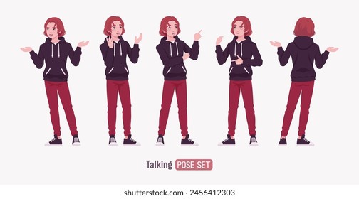 Young hoodie wear guy telling, speaker pose set. Cute active man wearing basic casual look red jeans, male street style everyday sneakers, cool long hairstyle, ruby wine dye color. Vector illustration
