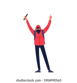 Young hooligan protest, heated argument and disagreement. Violent teen in aggressive behavior, impulsive conduct, show offensive rude signs. Vector flat style character cartoon illustration isolated.