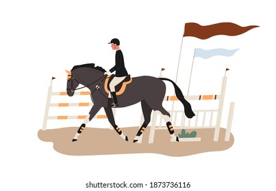 Young horseman at racecourse or equestrian tourney. Man riding horse at competition. Jockey at racehorse. Scene of horseback and dressage. Flat vector cartoon illustration isolated on white