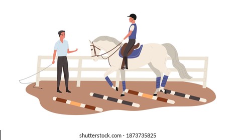 Young horseman training at equestrian school. Jockey riding horse. Trainer give lessons of horseriding. Scene of teaching of horseback. Flat vector cartoon illustration isolated on white