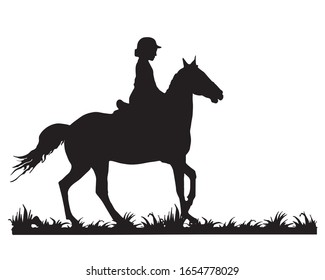 young horsewoman is riding a gallop on the grass, isolated image, black silhouette on a white background