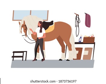 Young horsewoman taking care of domestic animal. Jockey with purebred horse at stable. Equestrienne looking after mare. Woman with pet. Vector illustration in flat cartoon style