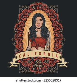 Young hot girl colorful flyer with inscription California and tattooed brunette model in frame of flowers vector illustration