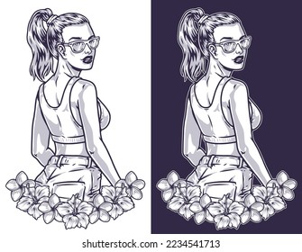 Young hot girl monochrome label with exotic flowers standing in summer top and glasses looking back fashion look vector illustration