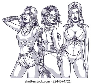 Young hot women monochrome emblem beach style girl friends standing in bikini and shorts for trip to California vector illustration