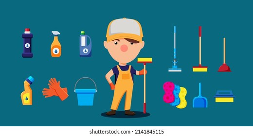 Young house keeper man in uniform holding mop standing with cleaning equipment, cleaner, rubber gloves, spray, and sponge in cartoon style for graphic designer, vector illustration