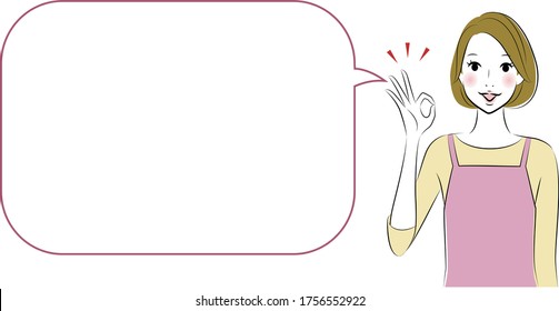 young housewife with apron, speaking something ok with speech bubble.