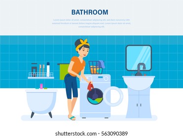 Young housewife in the bathroom, lays the things in the washing machine and is engaged in laundering, against a background of interior room. Vector illustration. Can be used in banner, app, design.