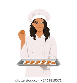 Young housewife chef cook baker woman wearing apron show cookies biscuits on baking sheet. Flat vector illustration isolated on white background