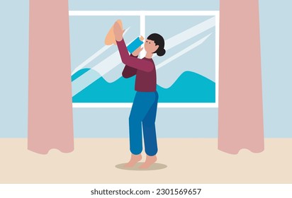 Young housewife cleaning her home. Young woman, who is holding a cloth and window cleaning spray, cleaning her window at home. vector.
