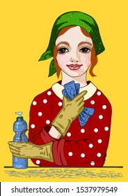 Young housewife dressed in a red dress, a green polka dot scarf and yellow rubber gloves thoughtfully holds a detergent bottle and sponge for washing dishes in his hands, color detailed illustration 