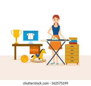 Young housewife engaged in household chores, cleaned, strokes things, in a cozy setting, against the background of an interior room. Vector illustration. Can be used in banner, mobile app, design.