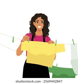 Young housewife hang wet clothes on rope outdoors. Flat vector character illustration