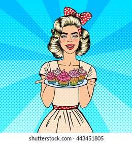 Young Housewife Holding Plate with Cupcakes. Woman Baking Cakes. Pop Art. Vector illustration