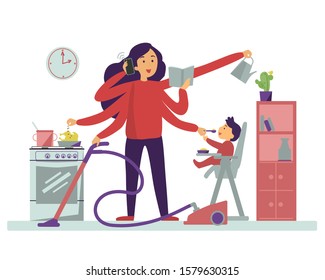 Young housewife mother nanny is isolated on a white background, cleans, cooks, feeds a child, watering a flower, talking on the phone. Time management for housewives. vector illustration