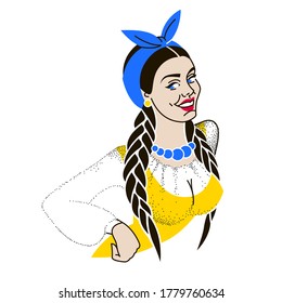 young housewife in national yellow and blue Ukrainian color. effective women in a dress, scarf, with braids, beads. portrait of a girl with a smile can be used for advertising, logo, brand.