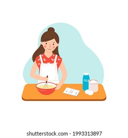 Young housewife prepares a recipe in the kitchen, stirring the dough in a bowl on the table. Cute lady in  white apron prepares baking ingredients on the table. Vector cartoon illustration, copy space - Powered by Shutterstock - Get 15% off with code: PIKWIZARD15