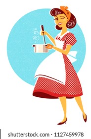 Young housewife in red retro dress cooking soup in her kitchen room.Vector illustration isolated on white