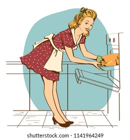 Young housewife in retro red dress cooking roasted chicken in an oven.Retro kitchen room interior