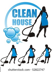 Young Housewife With Vacuum Cleaner Over White Background. Vector Illustration.