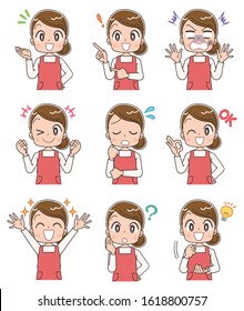 Young housewife wearing red apron.She has various expressions.