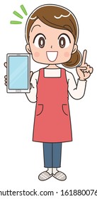 Young housewife wearing red apron.She has a smartphone.