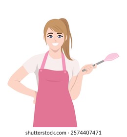 Young housewife woman wearing apron with spatula for cooking. Flat vector Character Illustration