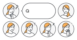 Young Housewife's Simple Face Icon And Speech Bubble Vector Illustration Set Material
