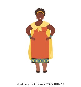 Young hubby African woman in traditional bright national dress cartoon vector illustration